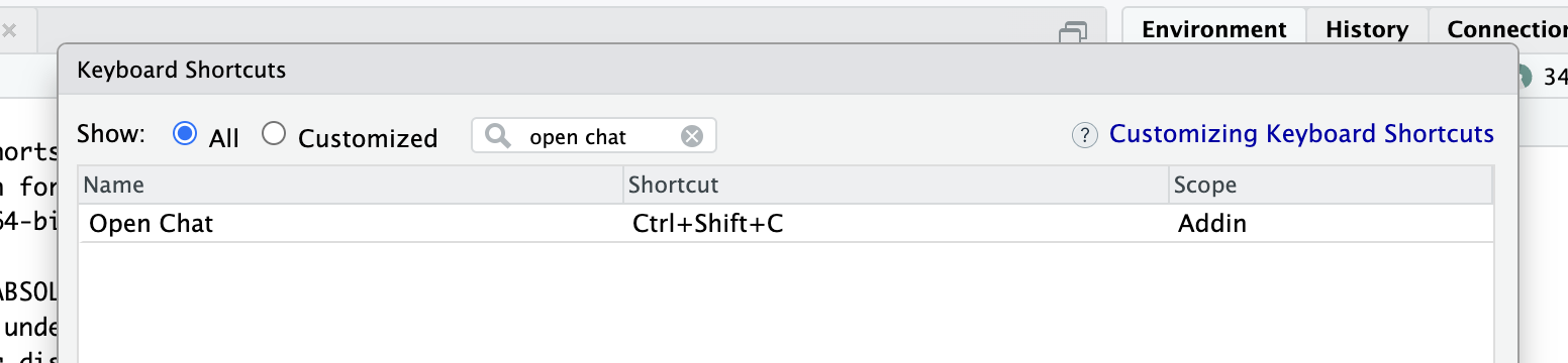 Screenshot that shows what the interface looks like when a shortcut has been selected