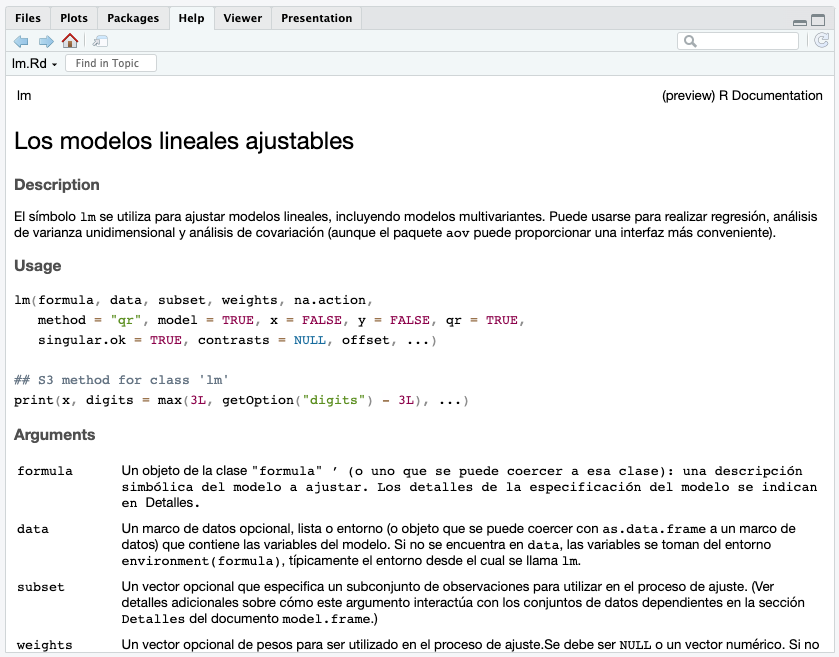 Screenshot of the lm function's help page in Spanish